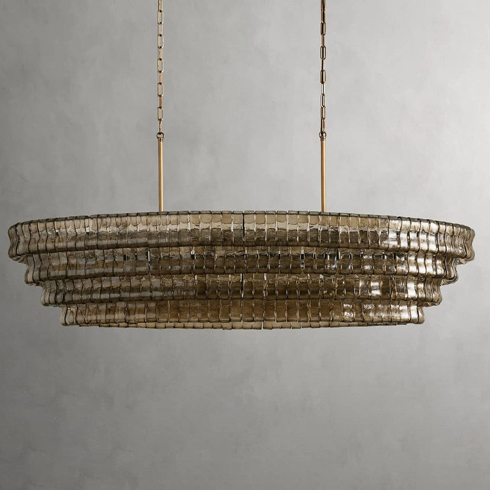 Oval Statement Chandelier Steel Frame Curved Glass Panels Adjustable Drop 5 or 12 Bulbs Dining Room Foyer | Thomler