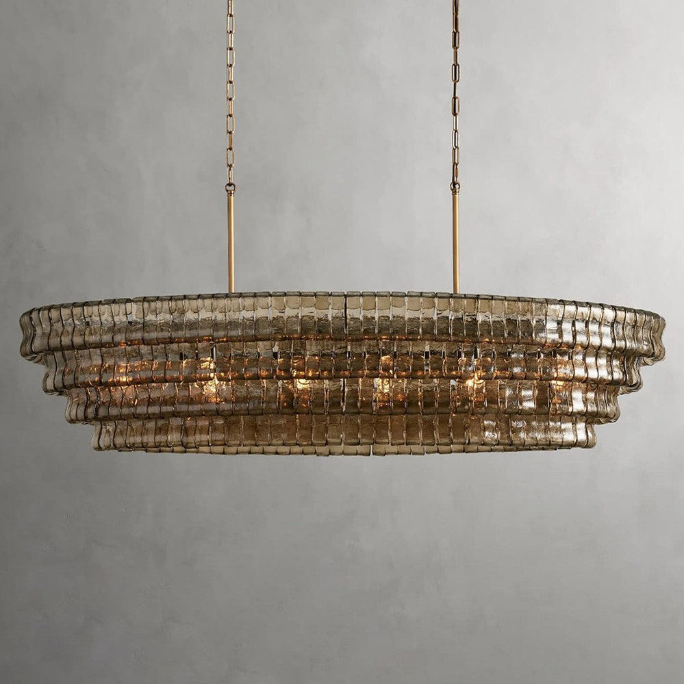 Oval Statement Chandelier Steel Frame Curved Glass Panels Adjustable Drop 5 or 12 Bulbs Dining Room Foyer | Thomler
