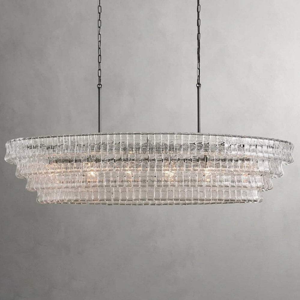Oval Statement Chandelier Steel Frame Curved Glass Panels Adjustable Drop 5 or 12 Bulbs Dining Room Foyer | Thomler