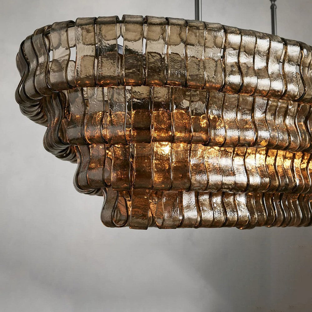 Oval Statement Chandelier Steel Frame Curved Glass Panels Adjustable Drop 5 or 12 Bulbs Dining Room Foyer | Thomler