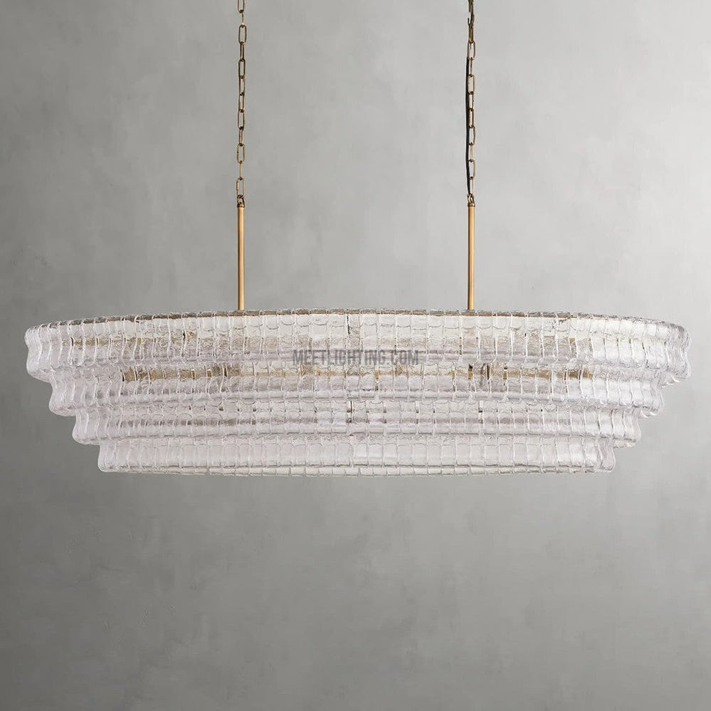 Oval Statement Chandelier Steel Frame Curved Glass Panels Adjustable Drop 5 or 12 Bulbs Dining Room Foyer | Thomler