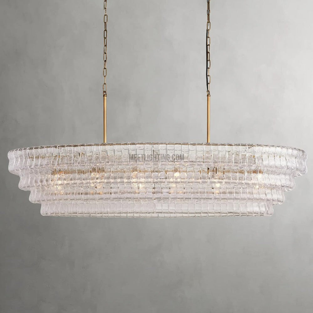 Oval Statement Chandelier Steel Frame Curved Glass Panels Adjustable Drop 5 or 12 Bulbs Dining Room Foyer | Thomler