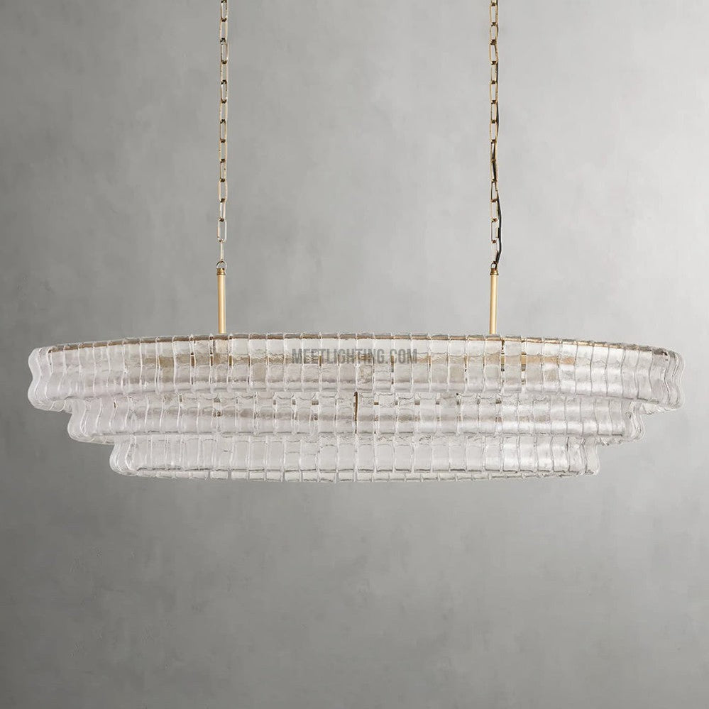 Oval Statement Chandelier Steel Frame Curved Glass Panels Adjustable Drop 5 or 12 Bulbs Dining Room Foyer | Thomler