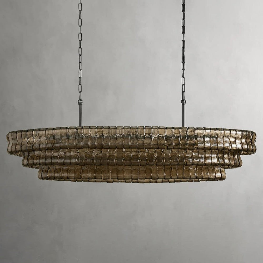 Oval Statement Chandelier Steel Frame Curved Glass Panels Adjustable Drop 5 or 12 Bulbs Dining Room Foyer | Thomler