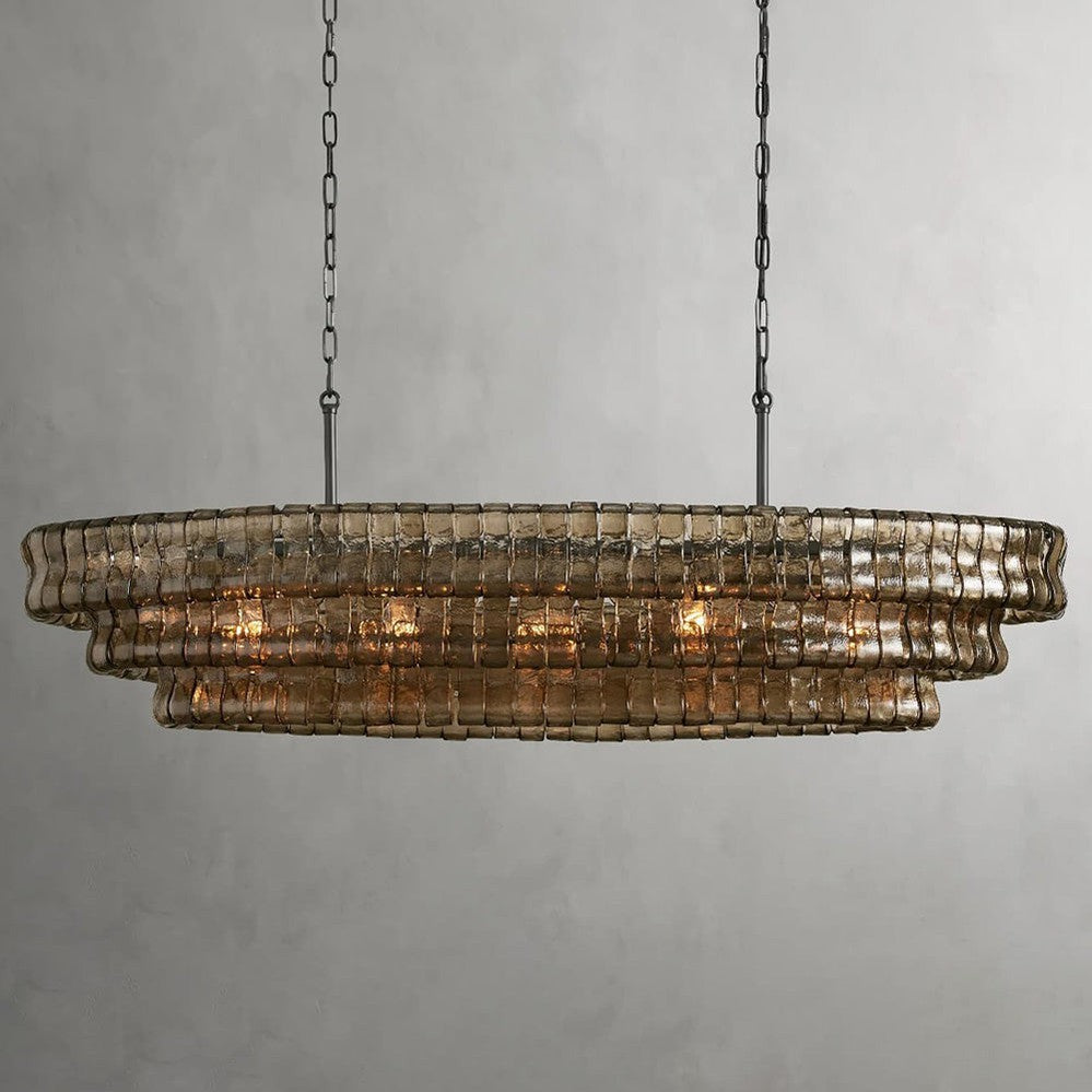 Oval Statement Chandelier Steel Frame Curved Glass Panels Adjustable Drop 5 or 12 Bulbs Dining Room Foyer | Thomler