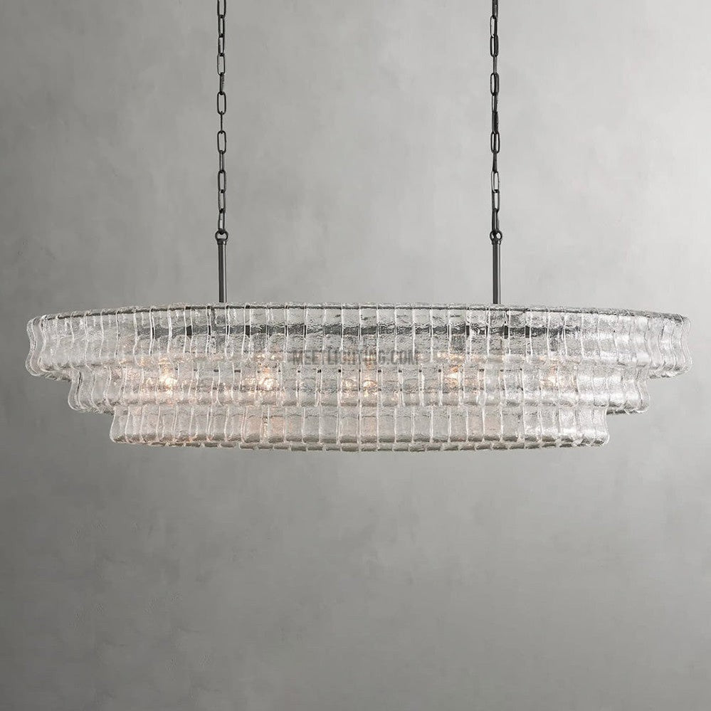 Oval Statement Chandelier Steel Frame Curved Glass Panels Adjustable Drop 5 or 12 Bulbs Dining Room Foyer | Thomler
