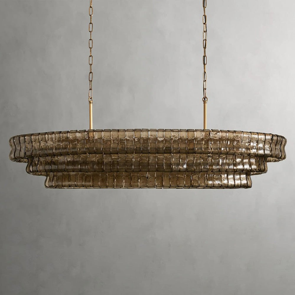 Oval Statement Chandelier Steel Frame Curved Glass Panels Adjustable Drop 5 or 12 Bulbs Dining Room Foyer | Thomler