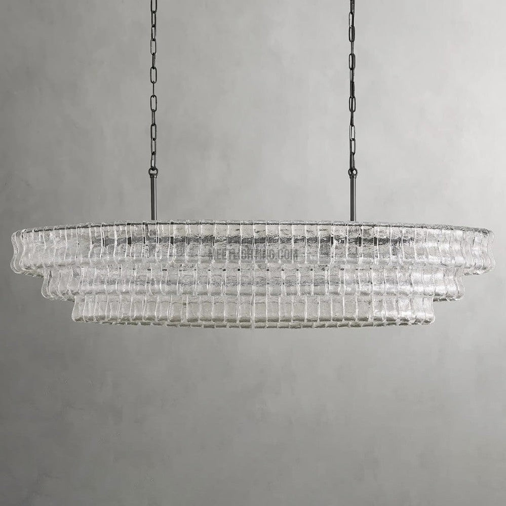 Oval Statement Chandelier Steel Frame Curved Glass Panels Adjustable Drop 5 or 12 Bulbs Dining Room Foyer | Thomler