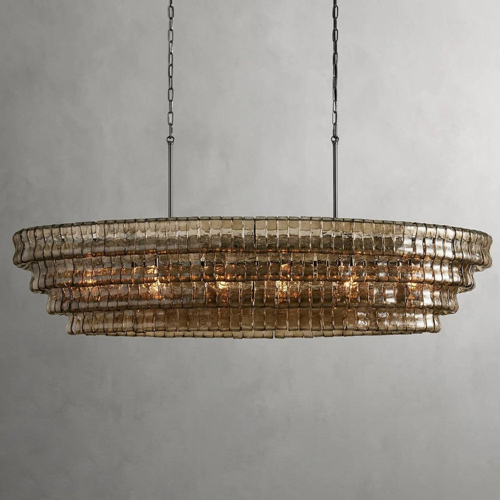Oval Statement Chandelier Steel Frame Curved Glass Panels Adjustable Drop 5 or 12 Bulbs Dining Room Foyer | Thomler