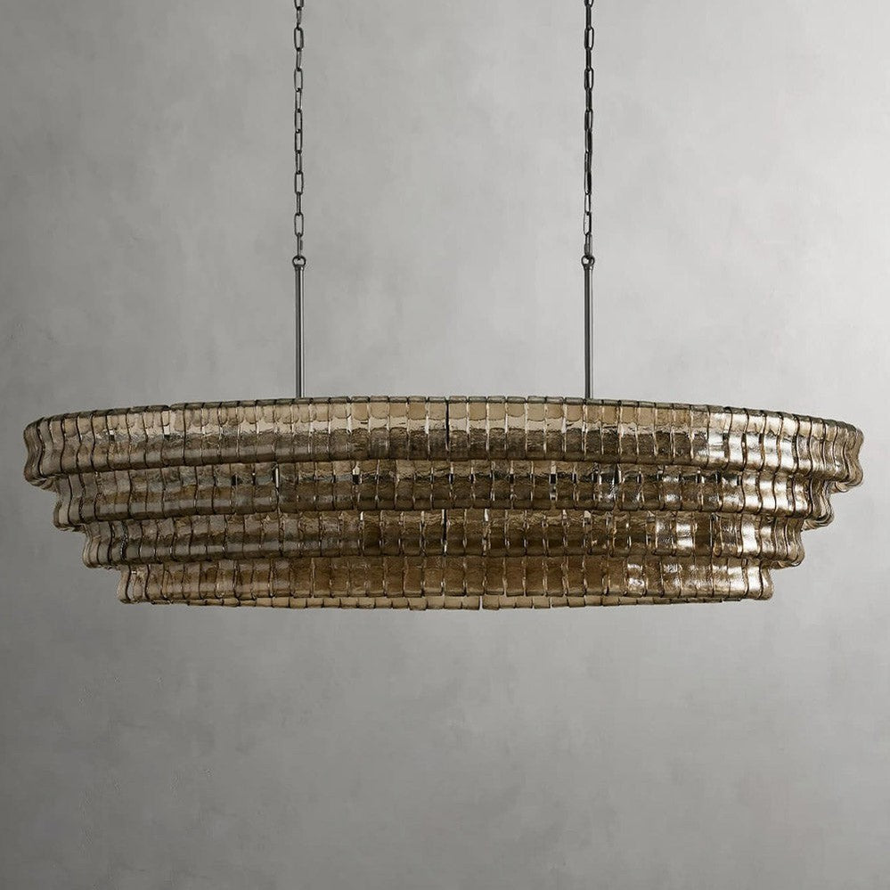 Oval Statement Chandelier Steel Frame Curved Glass Panels Adjustable Drop 5 or 12 Bulbs Dining Room Foyer | Thomler