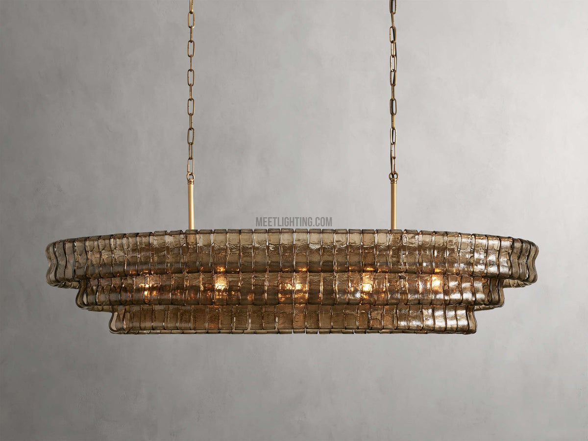 Oval Statement Chandelier Steel Frame Curved Glass Panels Adjustable Drop 5 or 12 Bulbs Dining Room Foyer | Thomler