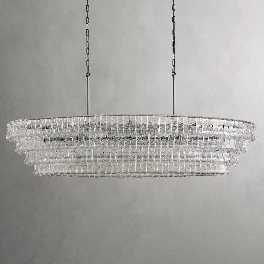 Oval Statement Chandelier Steel Frame Curved Glass Panels Adjustable Drop 5 or 12 Bulbs Dining Room Foyer | Thomler