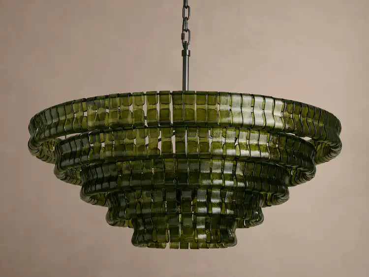 Textured Glass Round Chandelier with Curved Panels in Metallic Finish for Dining Room & Living Room | 24 to 60 Inch | Thomler
