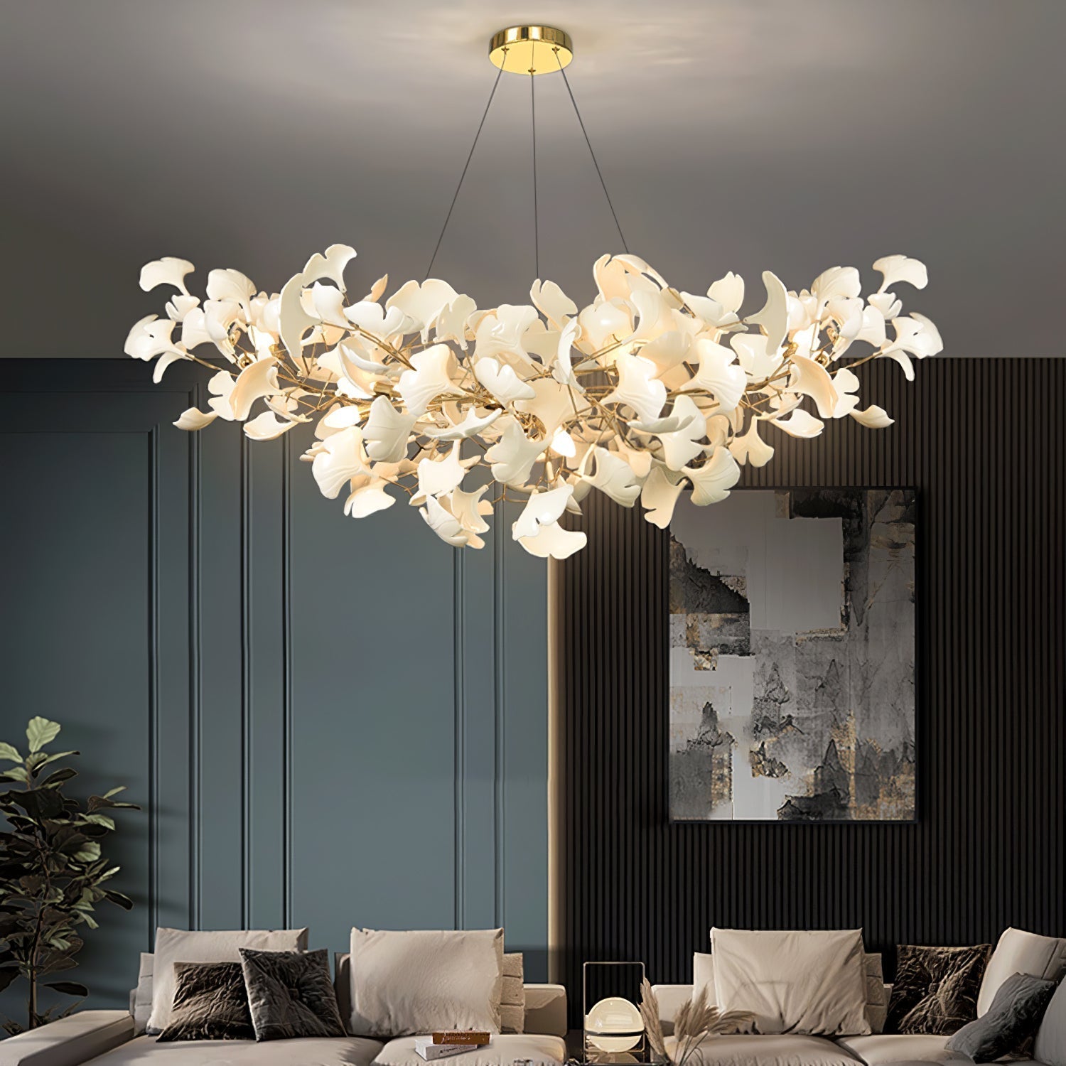 Pendant Light Porcelain Leaf LED Adjustable Height White Dining Room Living Room Chandelier Modern Ceiling Lighting | Thomler