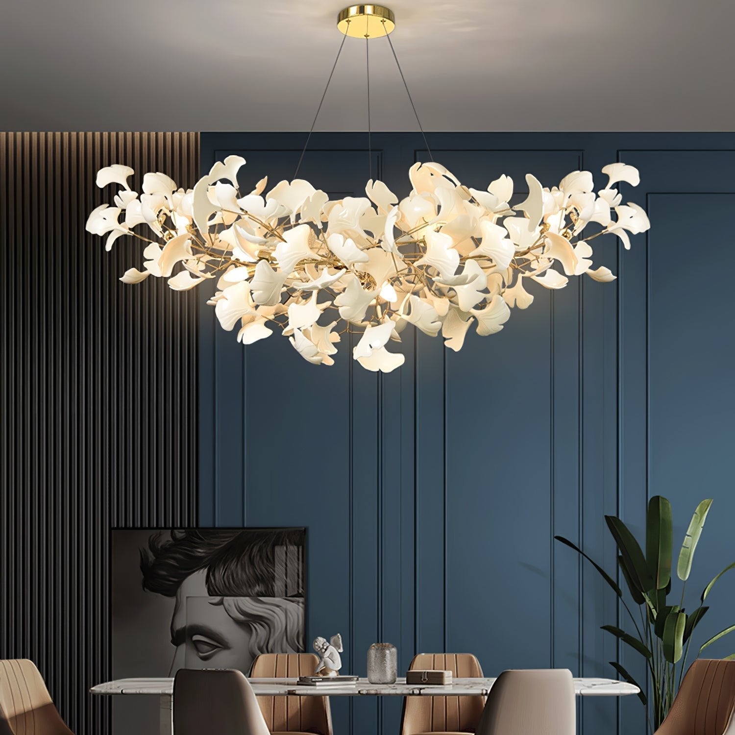 Pendant Light Porcelain Leaf LED Adjustable Height White Dining Room Living Room Chandelier Modern Ceiling Lighting | Thomler