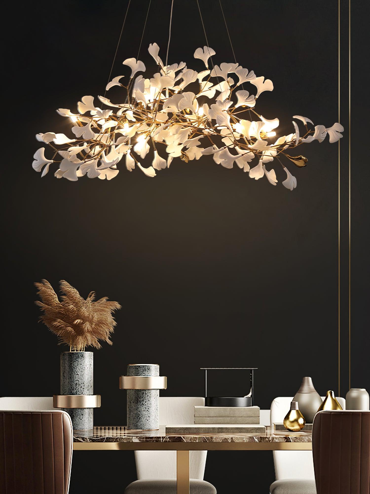 Ginkgo Tree Ceramic Petal Chandelier 70 in x 27.6 in Gold Indoor Ceiling Light | Thomler