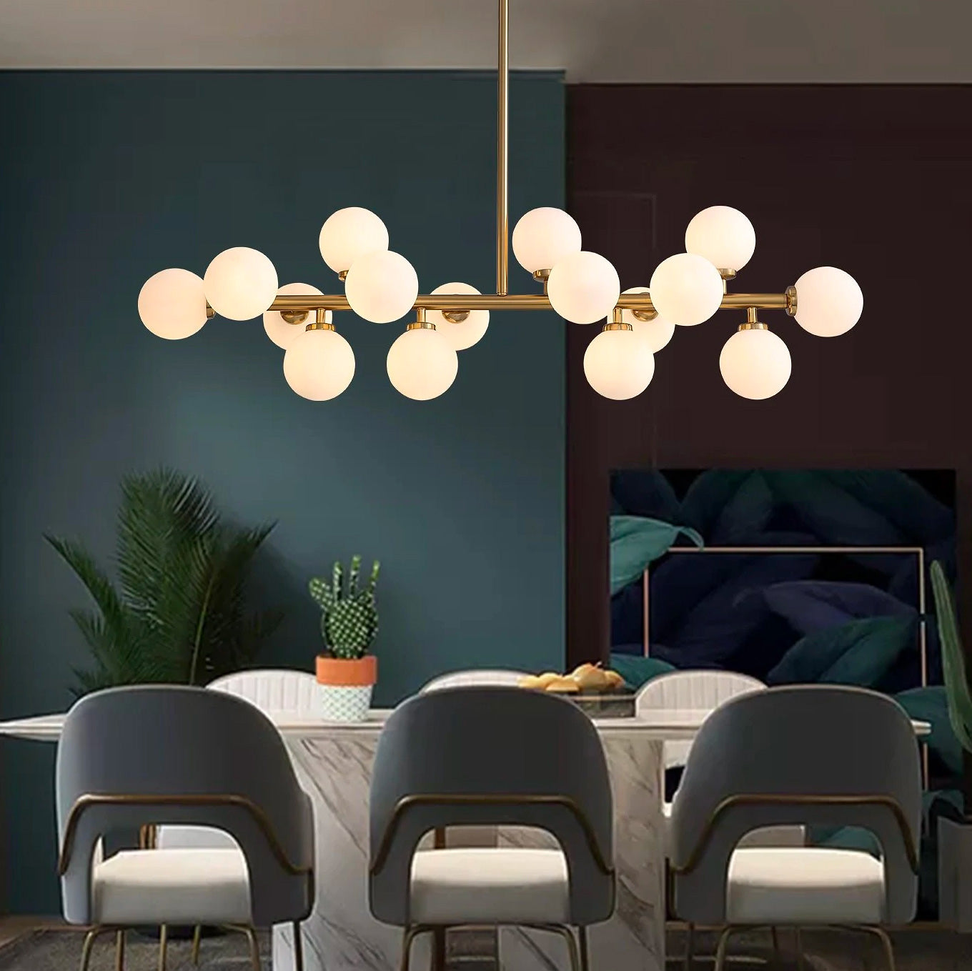 16-Light Linear Island Chandelier with Frosted Glass Globes Gold Finish for Dining Room Kitchen | Thomler