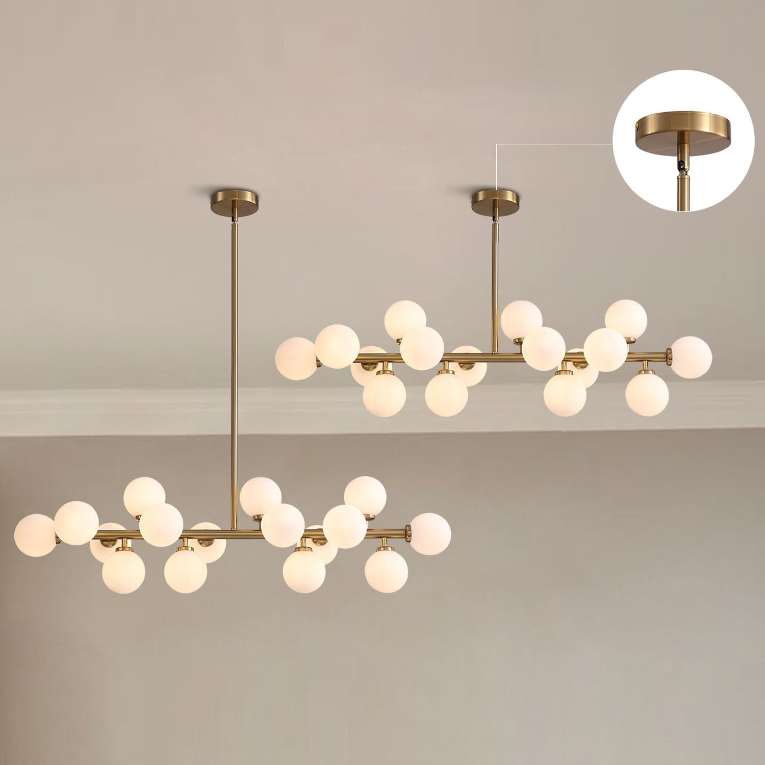 16-Light Linear Island Chandelier with Frosted Glass Globes Gold Finish for Dining Room Kitchen | Thomler