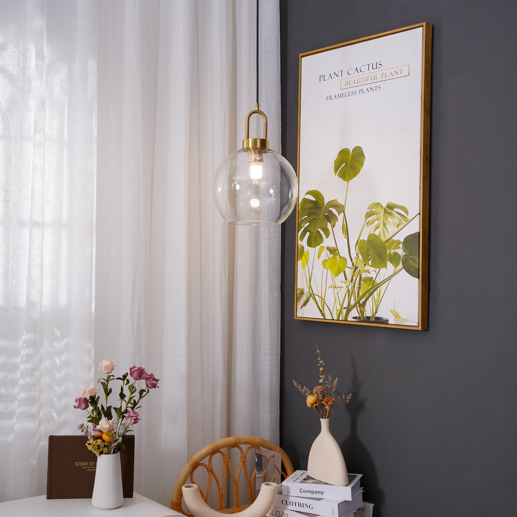 Pendant Light Glass Metal 11.8 in Hanging Living Room Bedroom Ceiling Adjustable Modern Minimalist Lighting Fixture | Thomler