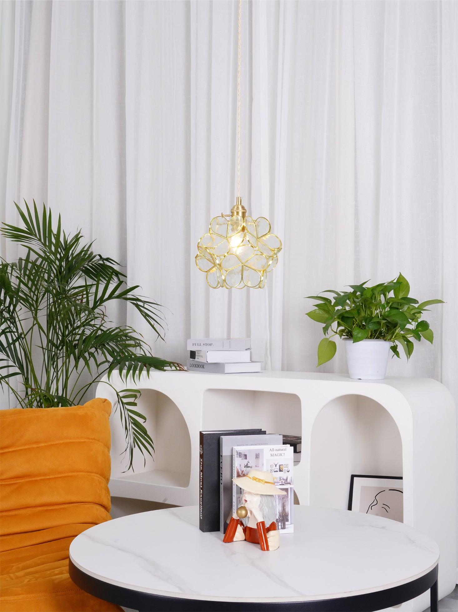 Pendant Light Brass Glass 7.9 in Petal Shape Indoor Ceiling Lamp Adjustable Hanging Height | Thomler
