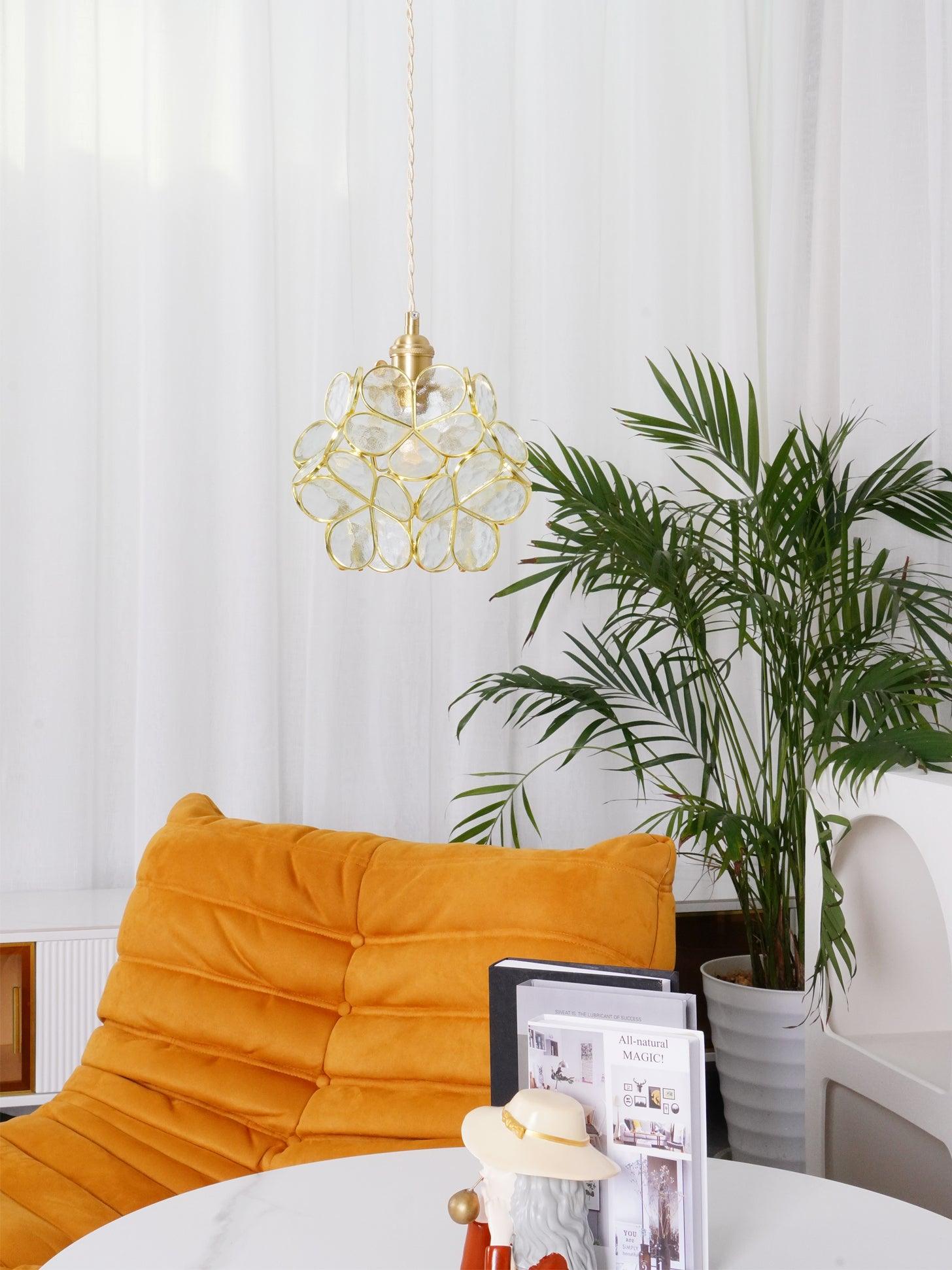 Pendant Light Brass Glass 7.9 in Petal Shape Indoor Ceiling Lamp Adjustable Hanging Height | Thomler