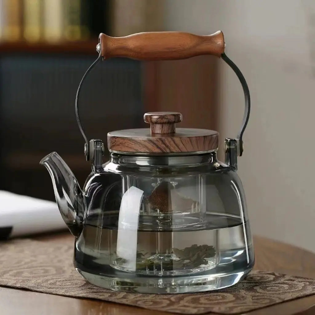 Teapot Borosilicate Glass 1.0 L Wooden Handle Tea Brewing Loose Leaf Infuser Serving Pot For Daily Use And Entertaining | Thomler