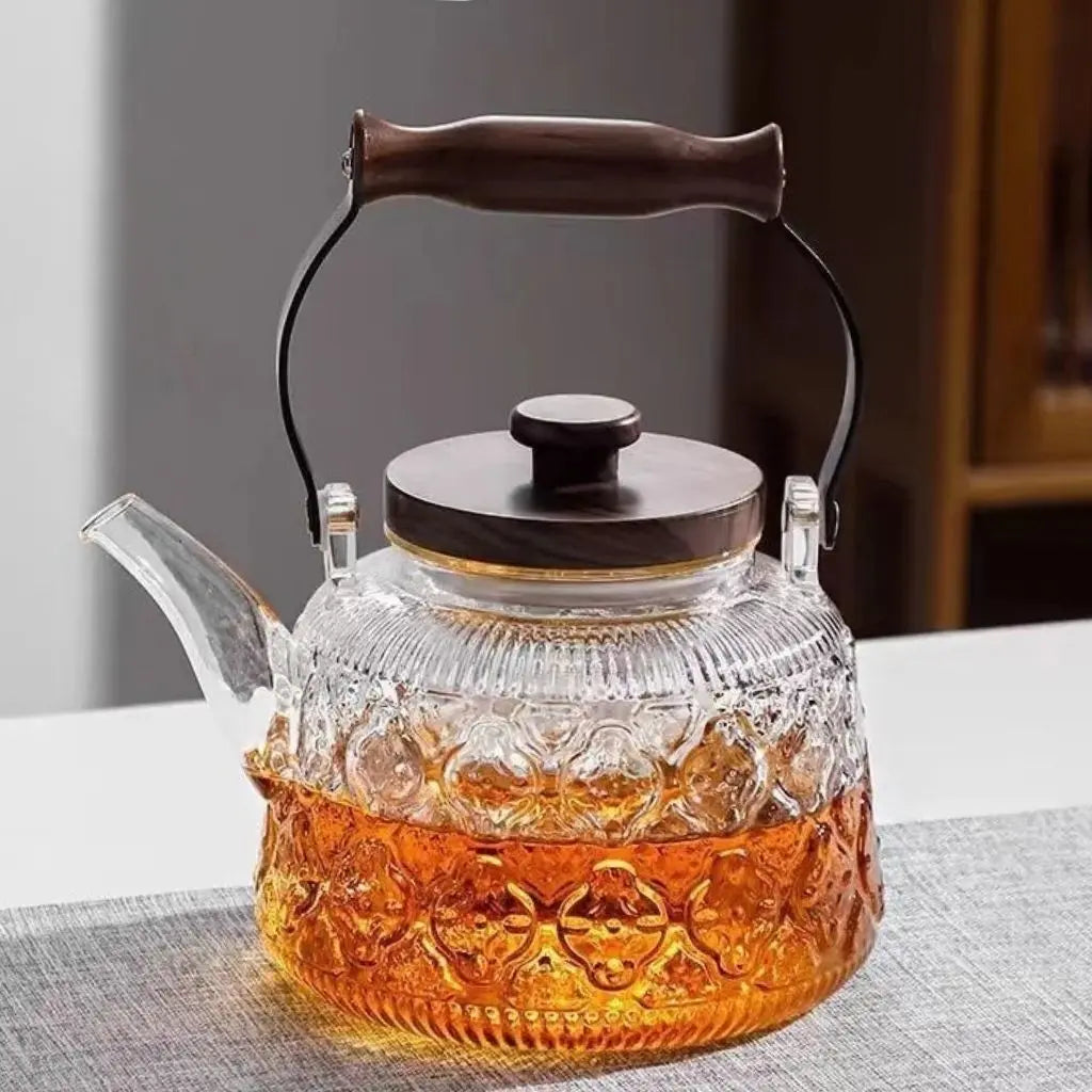 Teapot Borosilicate Glass 1.0 L Wooden Handle Tea Brewing Loose Leaf Infuser Serving Pot For Daily Use And Entertaining | Thomler