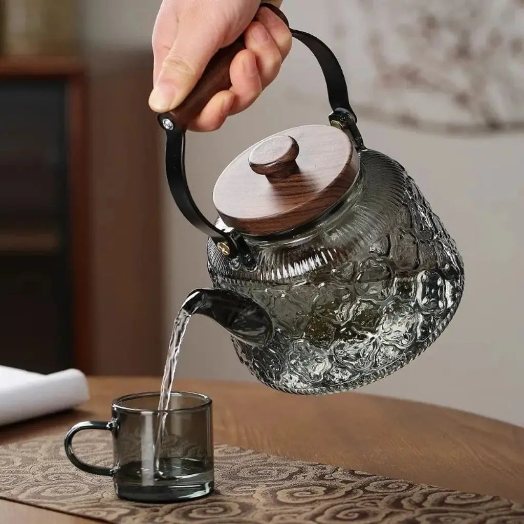 Teapot Borosilicate Glass 1.0 L Wooden Handle Tea Brewing Loose Leaf Infuser Serving Pot For Daily Use And Entertaining | Thomler