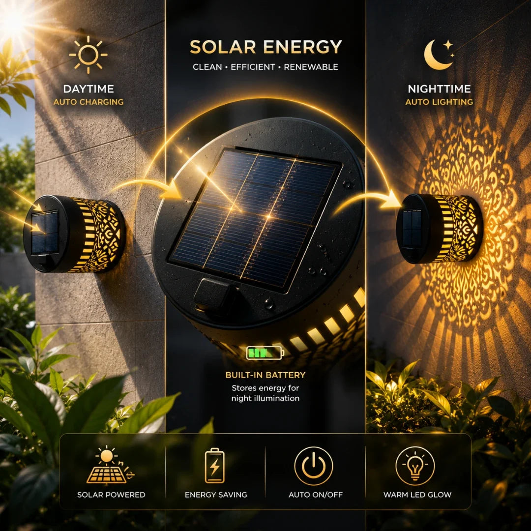 Solar LED Pattern Projector Wall Light – Weather-Resistant Metal Fixture for Patios & Gardens | Thomler