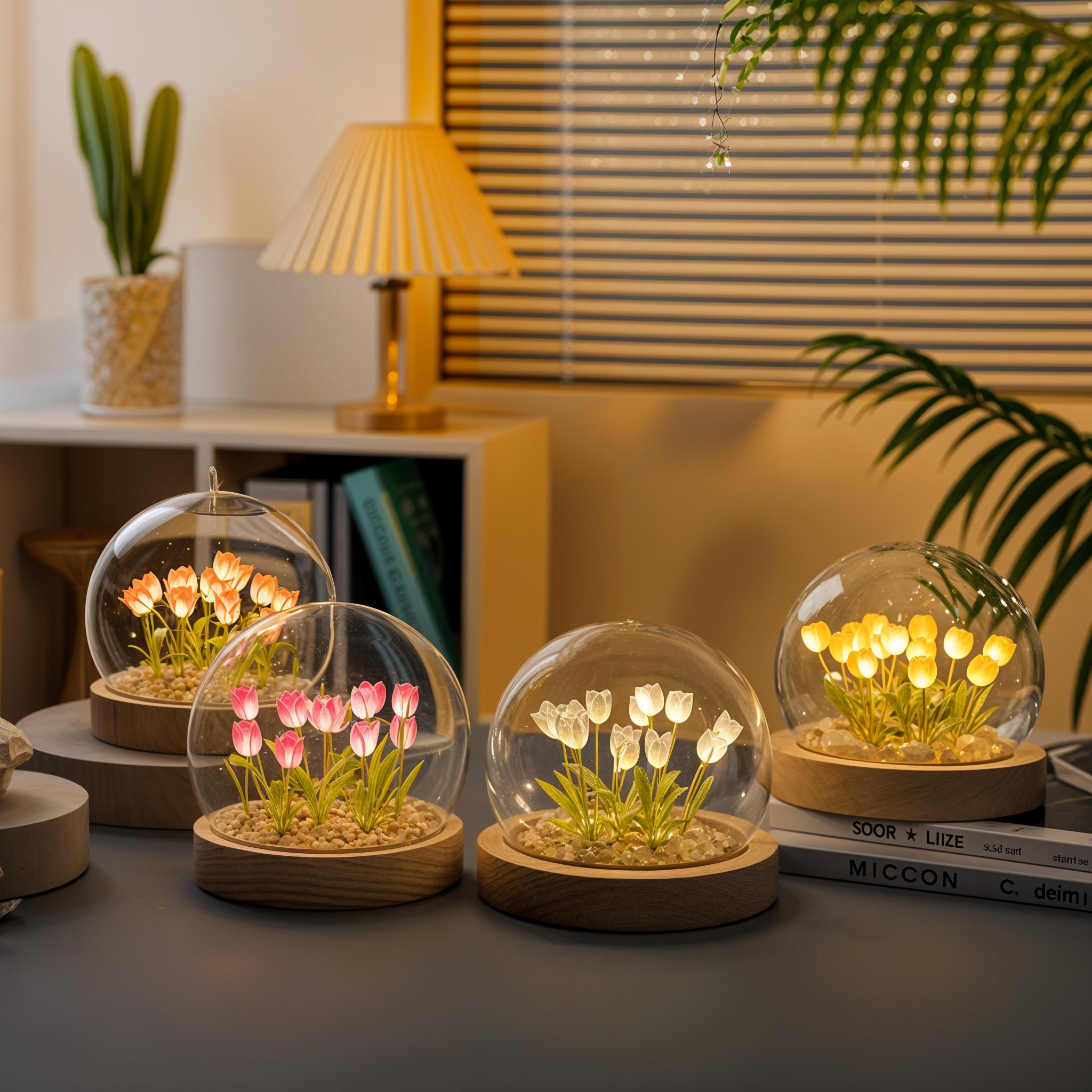 LED Tulip Dome Light DIY Craft Kit with Glass Globe 13 Flowers Battery Operated Table Accent Lamp for Bedroom Living Room Nightstand Decor | Thomler