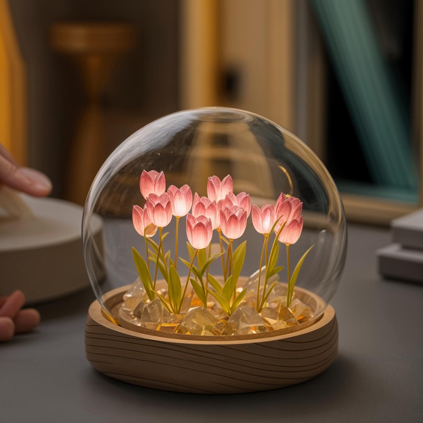 LED Tulip Dome Light DIY Craft Kit with Glass Globe 13 Flowers Battery Operated Table Accent Lamp for Bedroom Living Room Nightstand Decor | Thomler
