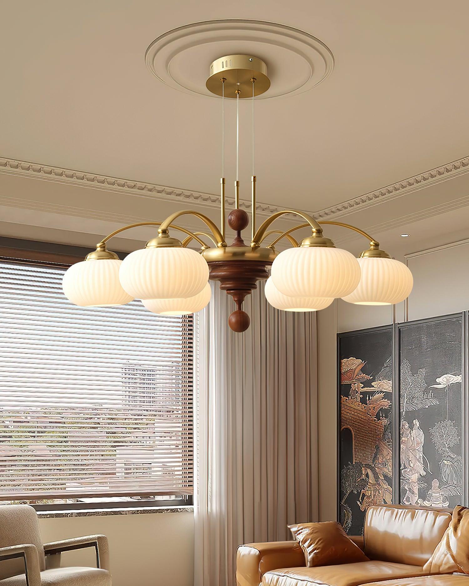 Multi-Light Wood & Glass Statement Fixture for Dining Rooms | Mixed Material Ceiling Light with Ribbed Shades | Modern Ambient Overhead Ligh | Thomler