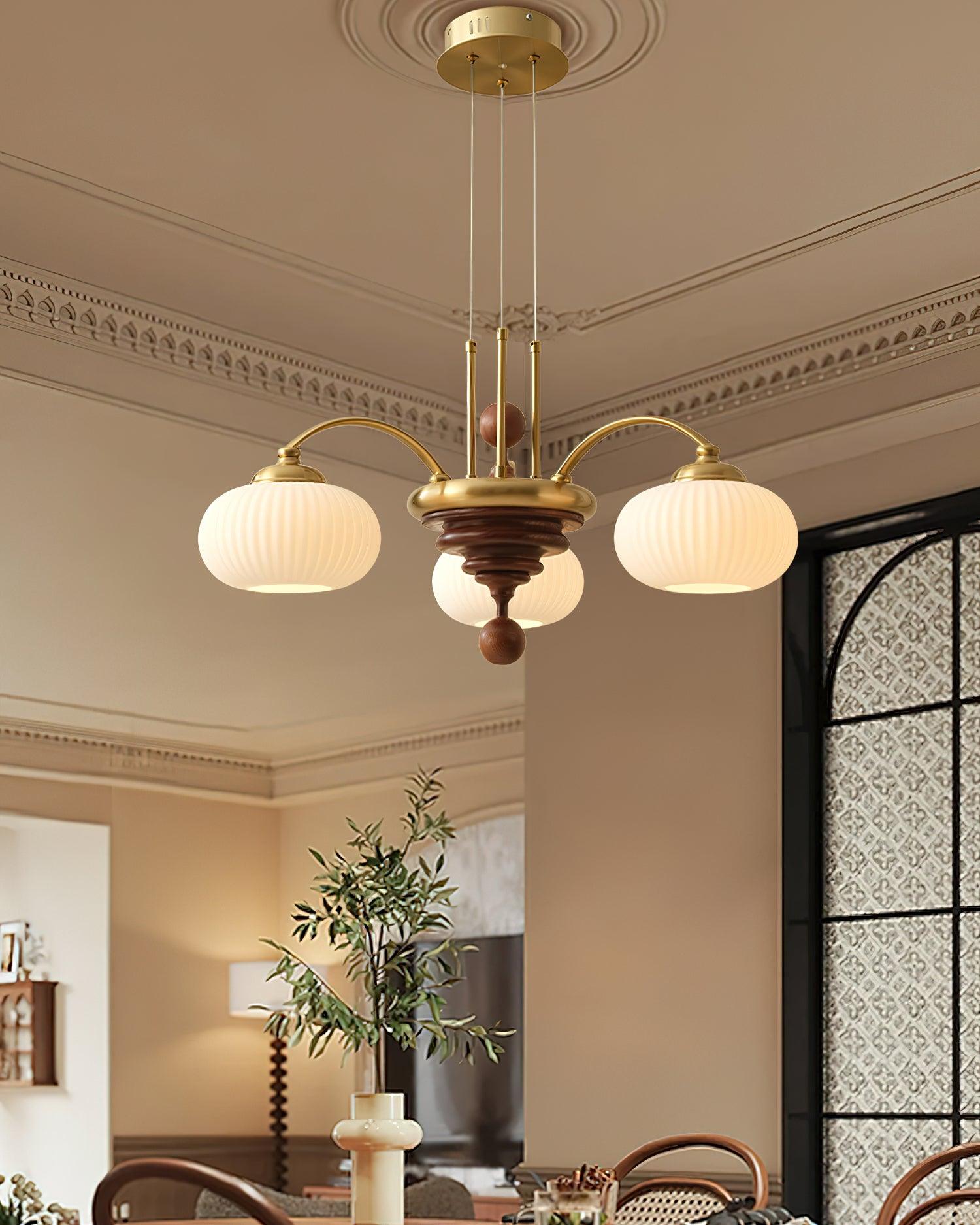 Multi-Light Wood & Glass Statement Fixture for Dining Rooms | Mixed Material Ceiling Light with Ribbed Shades | Modern Ambient Overhead Ligh | Thomler