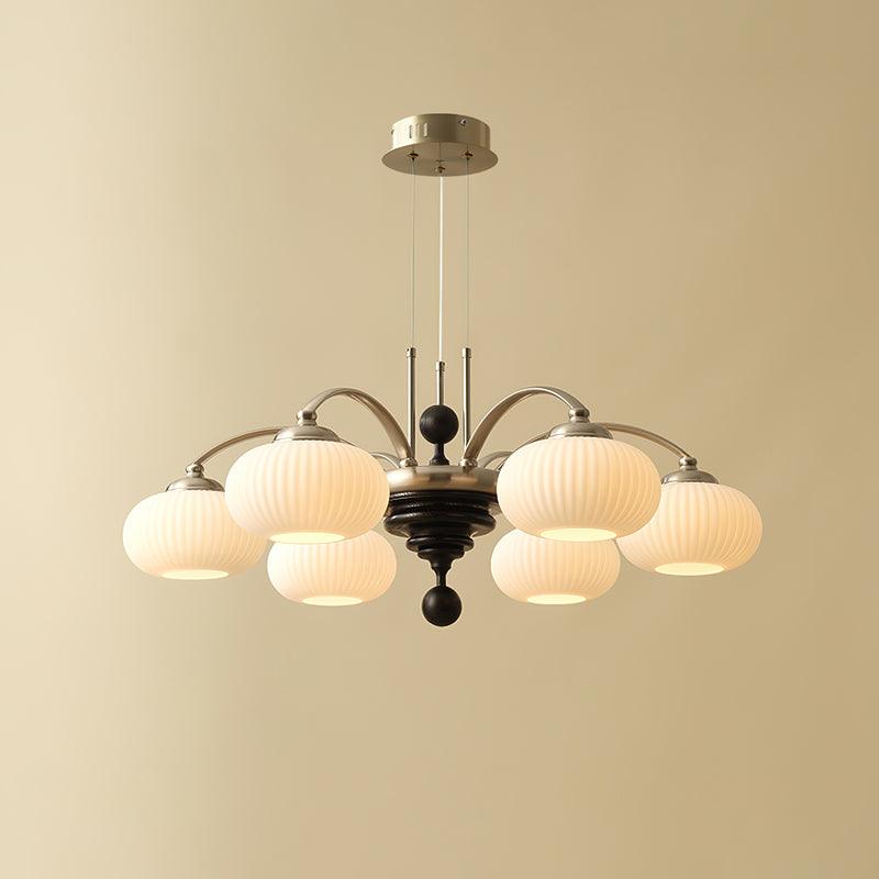 Multi-Light Wood & Glass Statement Fixture for Dining Rooms | Mixed Material Ceiling Light with Ribbed Shades | Modern Ambient Overhead Ligh | Thomler