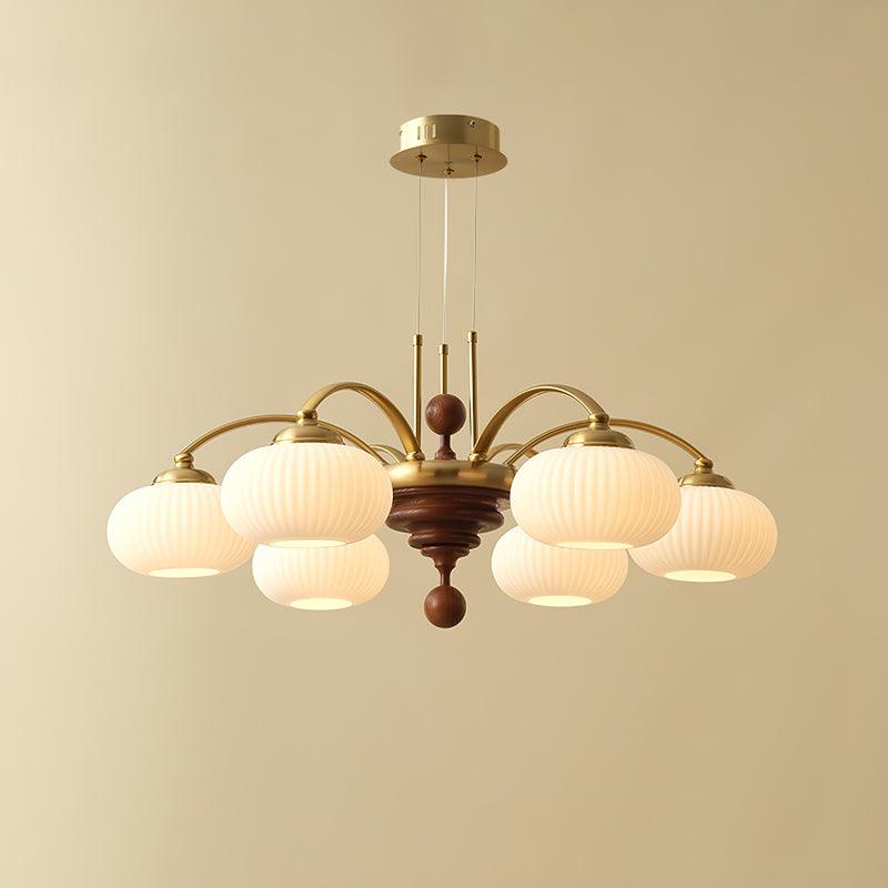 Multi-Light Wood & Glass Statement Fixture for Dining Rooms | Mixed Material Ceiling Light with Ribbed Shades | Modern Ambient Overhead Ligh | Thomler