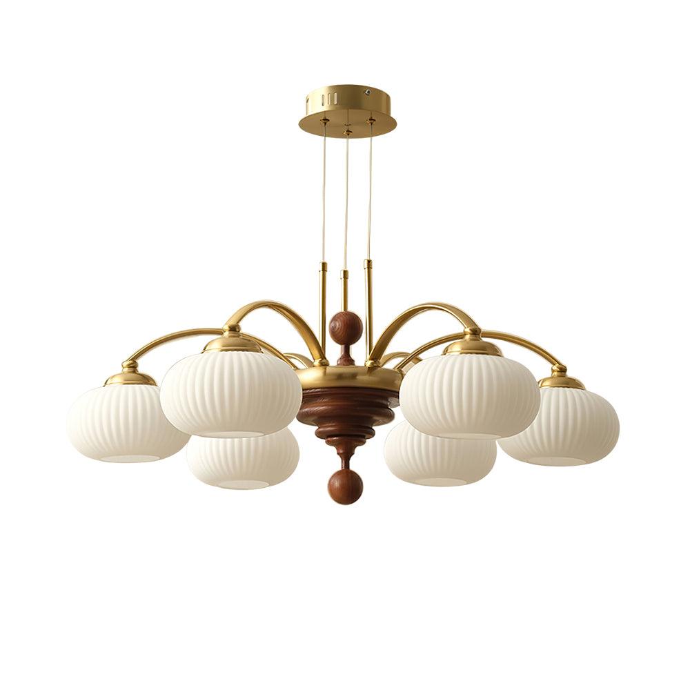 Multi-Light Wood & Glass Statement Fixture for Dining Rooms | Mixed Material Ceiling Light with Ribbed Shades | Modern Ambient Overhead Ligh | Thomler