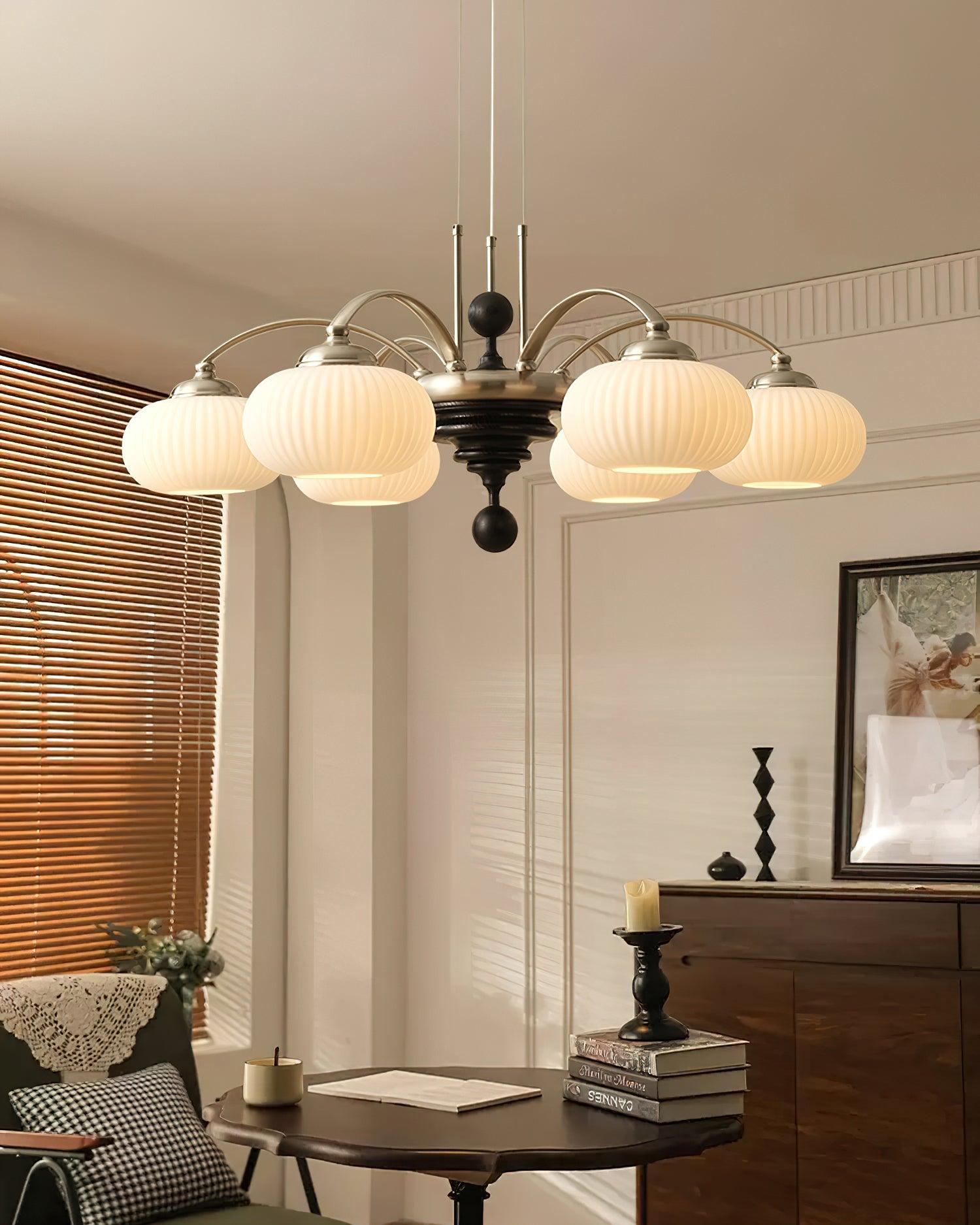 Multi-Light Wood & Glass Statement Fixture for Dining Rooms | Mixed Material Ceiling Light with Ribbed Shades | Modern Ambient Overhead Ligh | Thomler