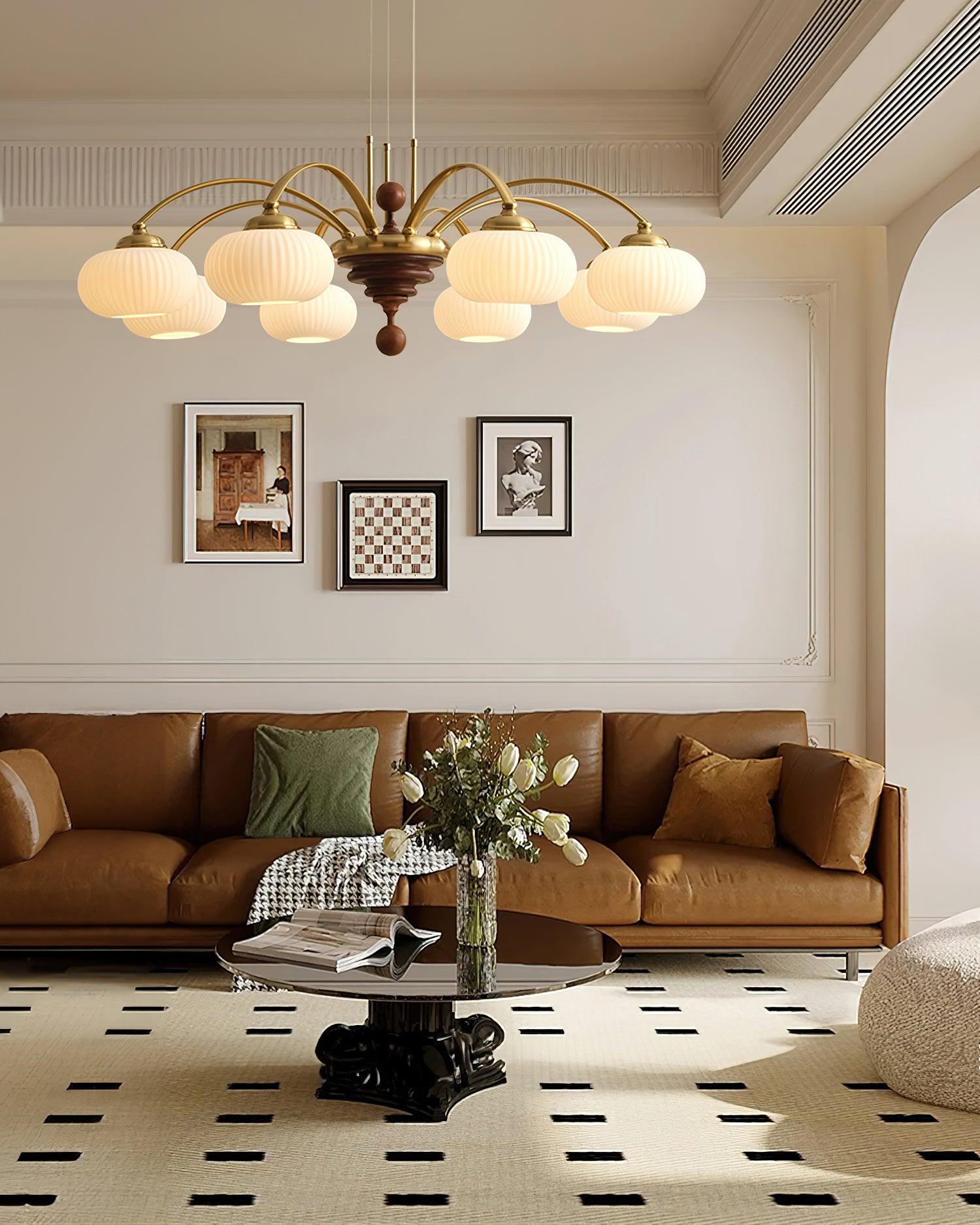 Multi-Light Wood & Glass Statement Fixture for Dining Rooms | Mixed Material Ceiling Light with Ribbed Shades | Modern Ambient Overhead Ligh | Thomler