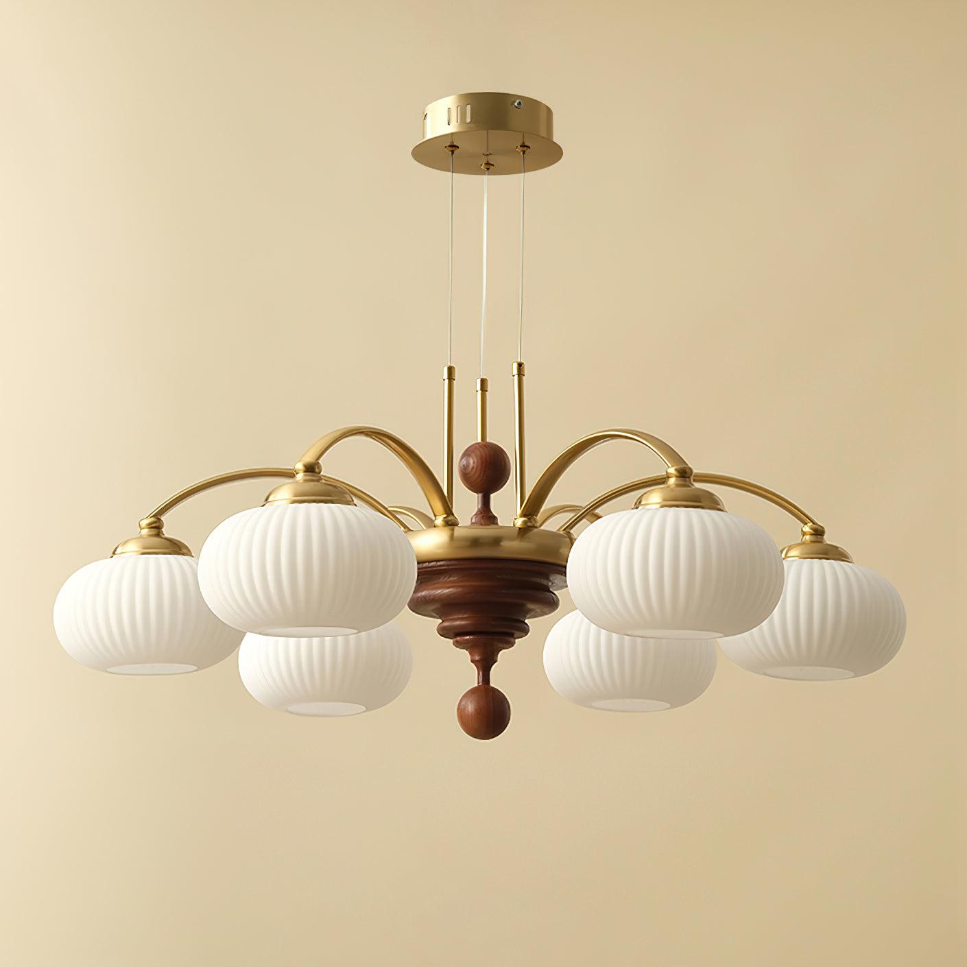 Multi-Light Wood & Glass Statement Fixture for Dining Rooms | Mixed Material Ceiling Light with Ribbed Shades | Modern Ambient Overhead Ligh | Thomler