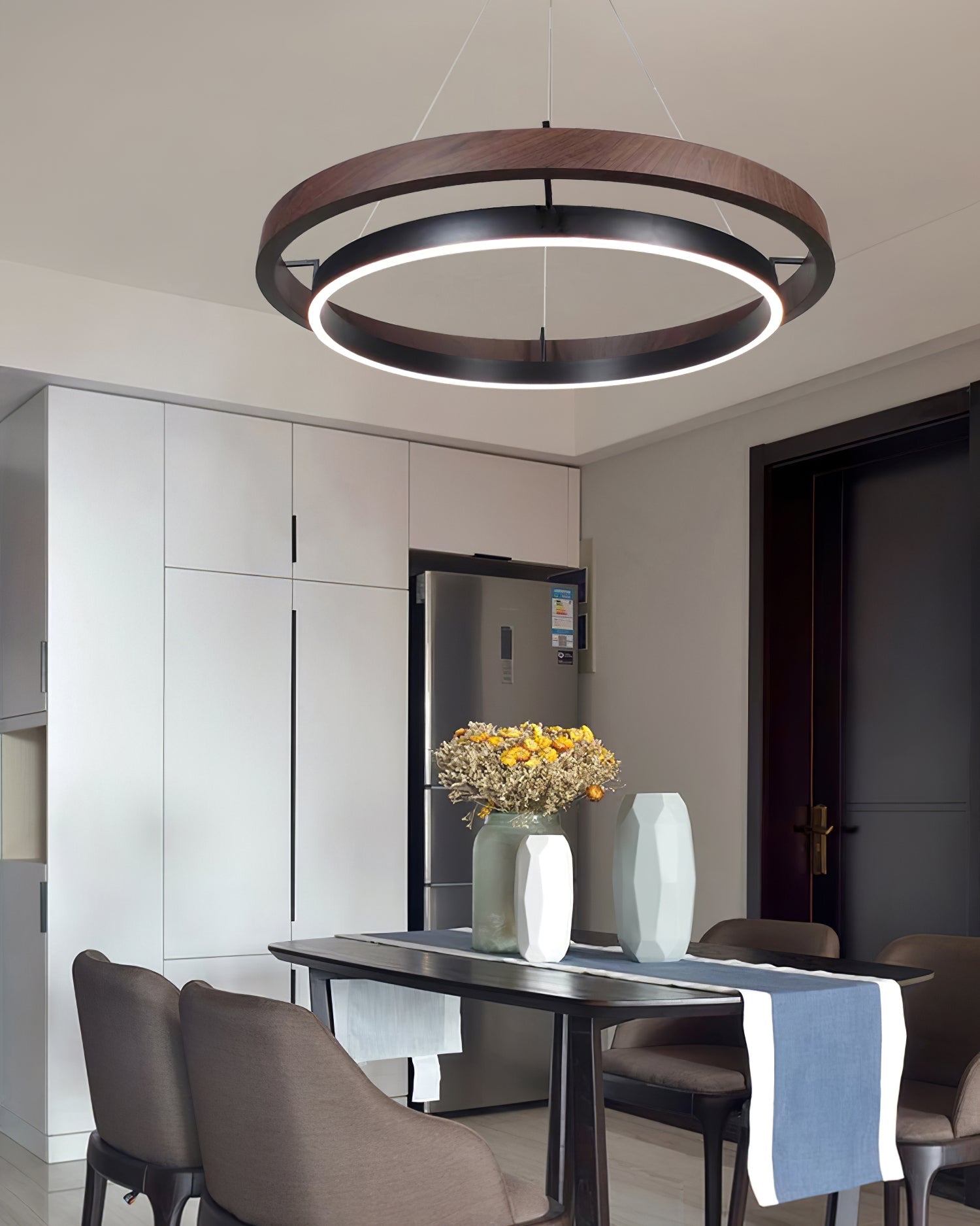 Chandelier LED Double Ring 23.6 in Ceiling Light Walnut Black Modern Living Room Dining Hanging Fixture | Thomler