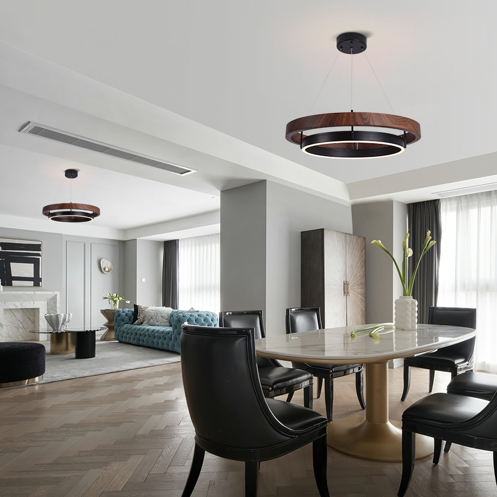 Chandelier LED Double Ring 23.6 in Ceiling Light Walnut Black Modern Living Room Dining Hanging Fixture | Thomler