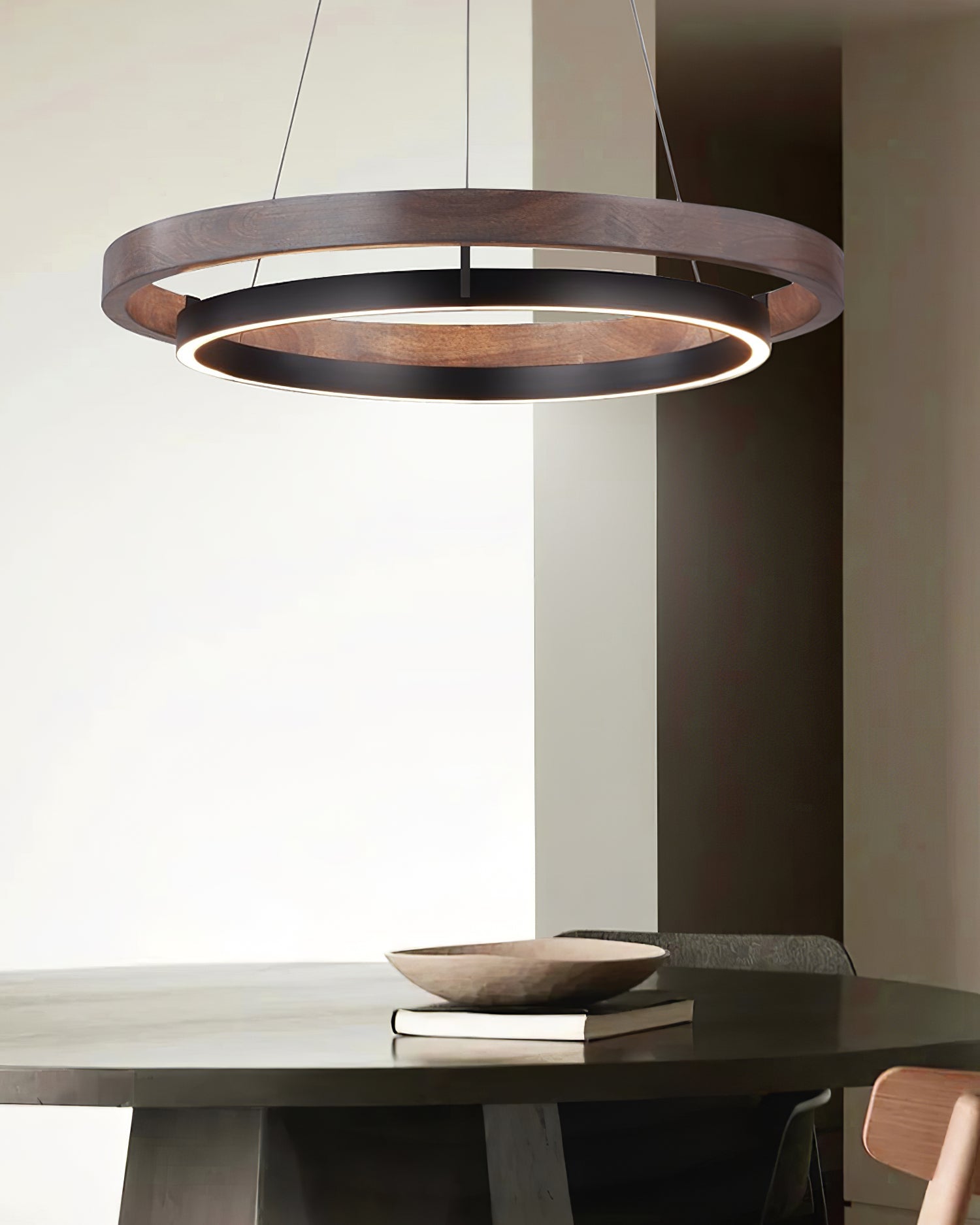 Chandelier LED Double Ring 23.6 in Ceiling Light Walnut Black Modern Living Room Dining Hanging Fixture | Thomler