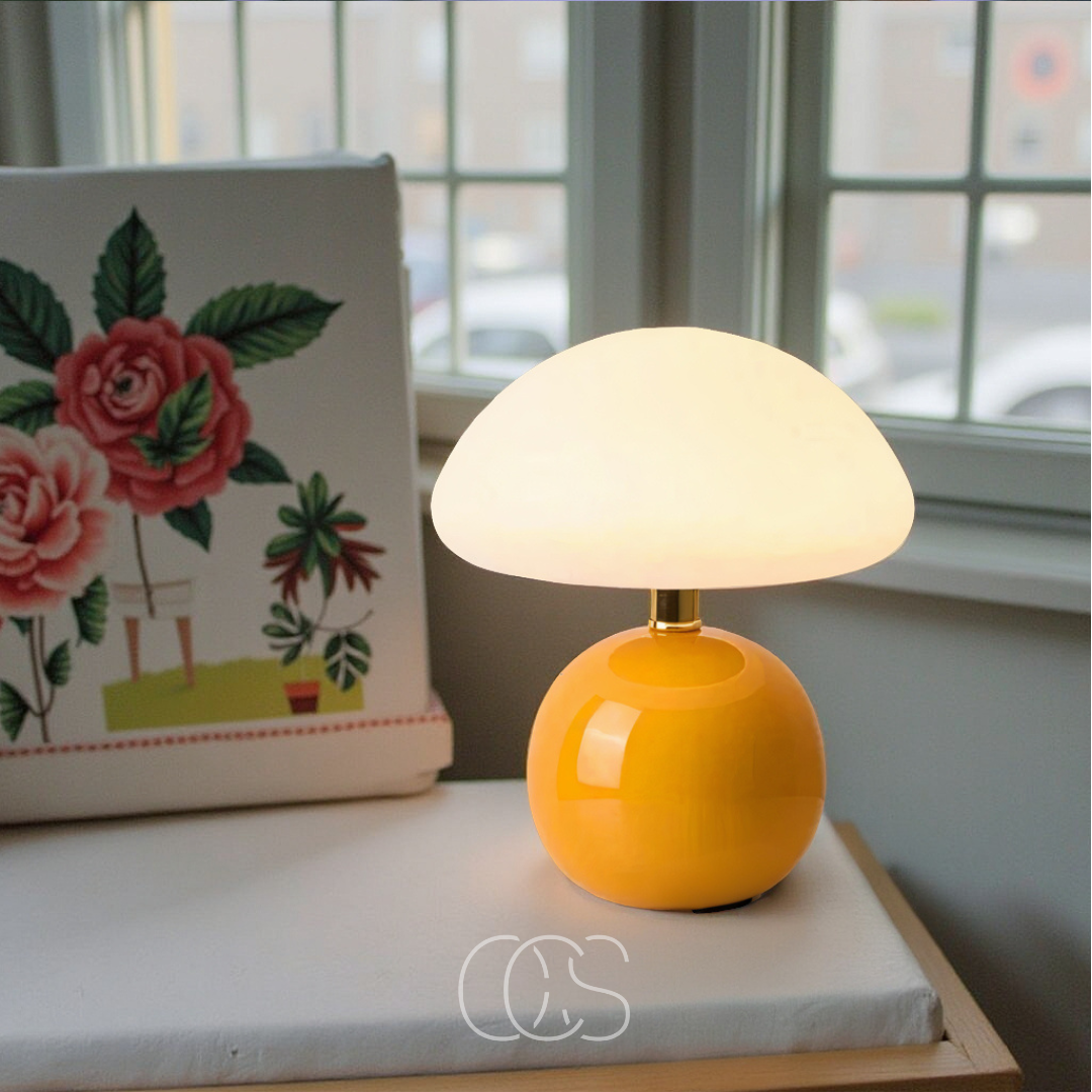 Mushroom Table Lamp with 3-Level Dimmable LED Light – Retro Ceramic & Frosted Glass Desk Lamp for Bedroom, Living Room & Office | Thomler