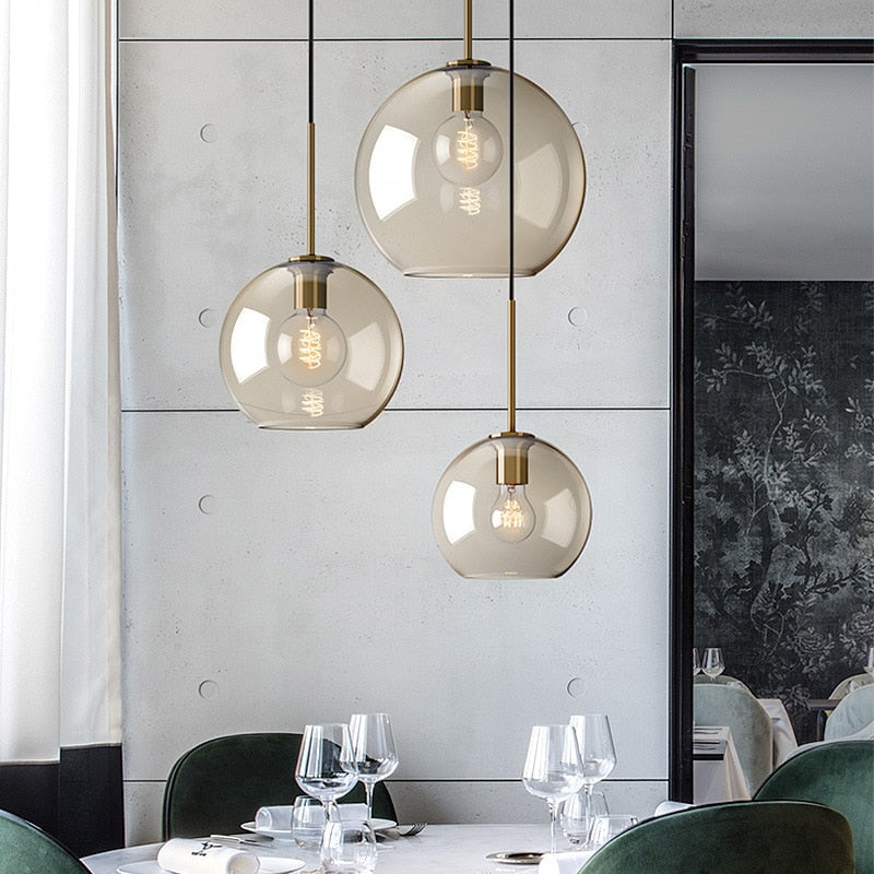 Amber Glass Pendant Light Fixture with Adjustable Cable for Kitchen Island Dining Room Bedroom Modern Hanging Ceiling Lamp Iron Frame | Thomler