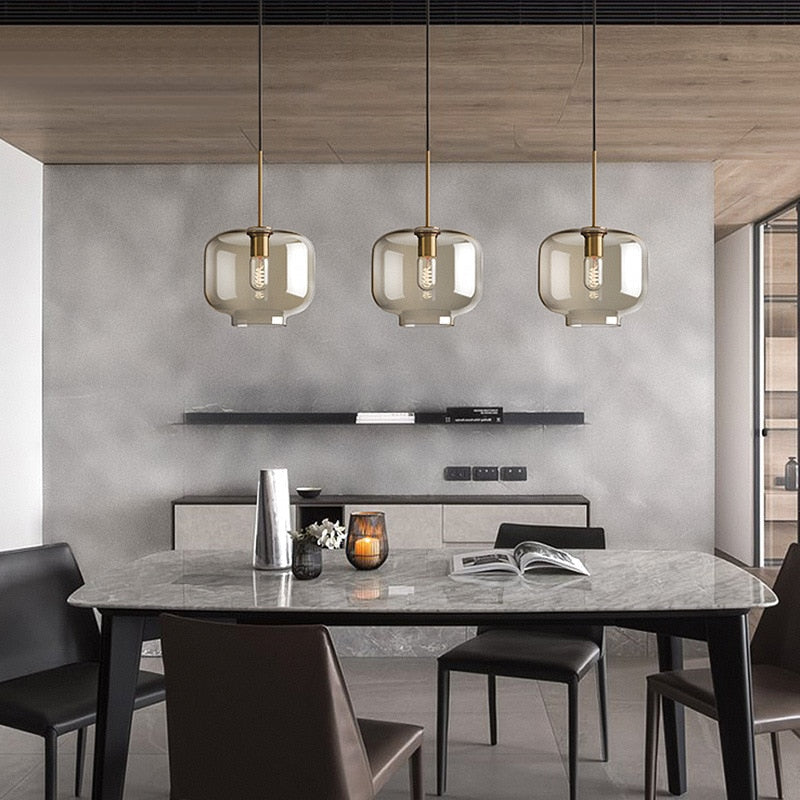 Amber Glass Pendant Light Fixture with Adjustable Cable for Kitchen Island Dining Room Bedroom Modern Hanging Ceiling Lamp Iron Frame | Thomler