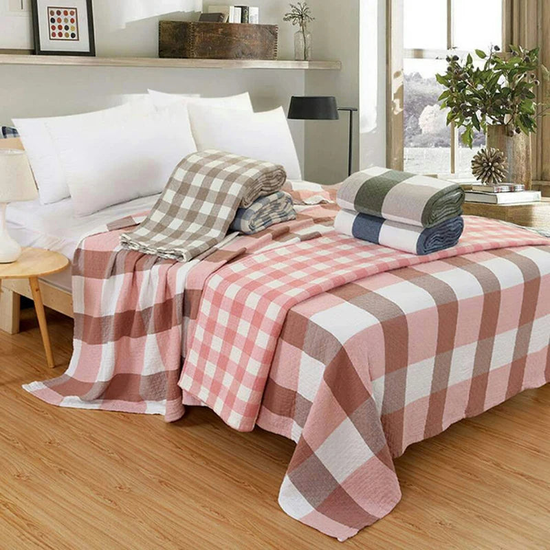 Lightweight Cotton Gauze Throw Blanket – Plaid Printed Coverlet for Couch, Bed, Travel & Home – 100% Breathable Woven Textile | Thomler