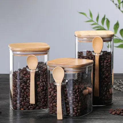 Storage Container Bamboo Glass 3-Piece 8 in Kitchen Pantry Airtight Sustainable Organization Set | Thomler