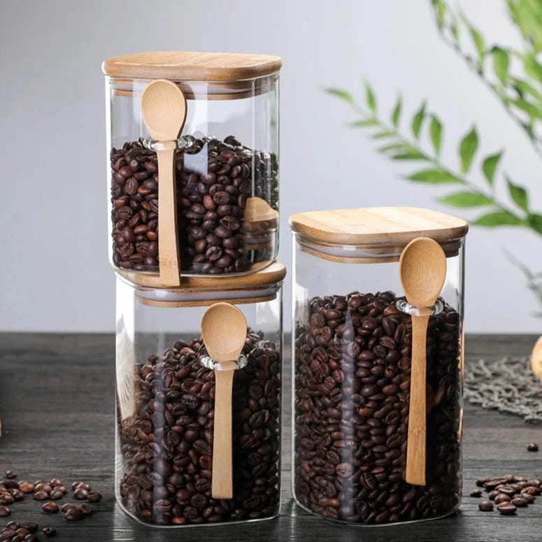 Storage Container Bamboo Glass 3-Piece 8 in Kitchen Pantry Airtight Sustainable Organization Set | Thomler
