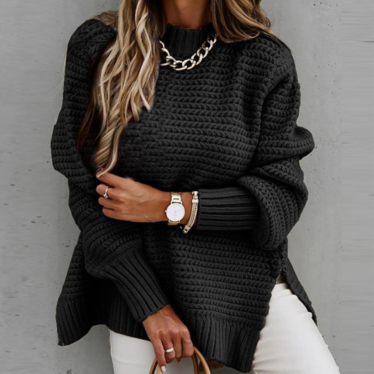 Women's Turtleneck Pullover with Drop Hem and Hip Slits for Relaxed Everyday Comfort | Thomler
