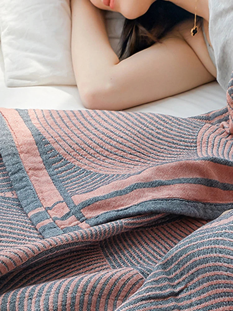 Lightweight Cotton Gauze Throw Blanket 4-Layer Breathable Summer Bedspread Full Queen King Size Striped Couch Accent | Thomler